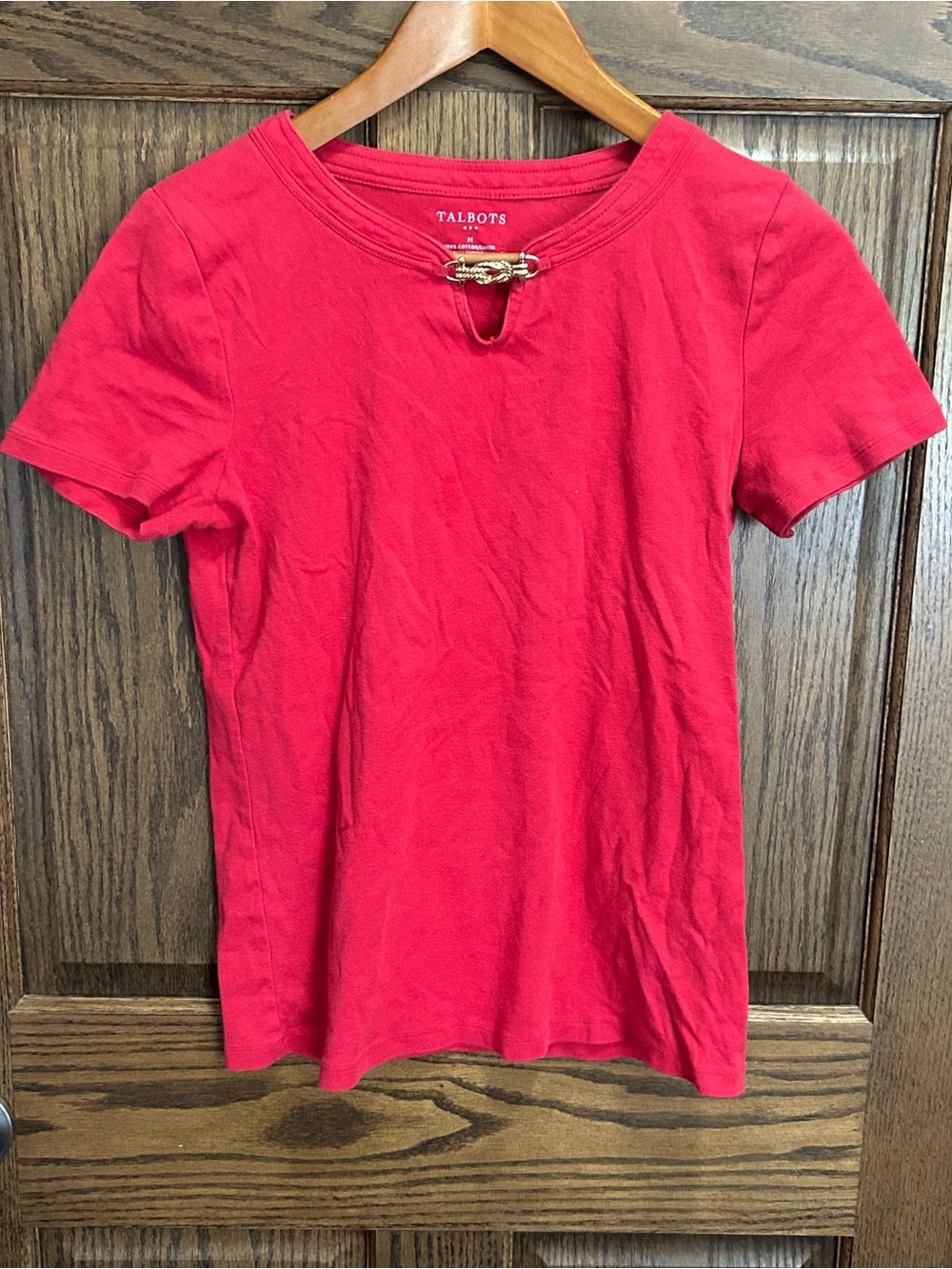 Talbots Bright Red Short Sleeve Tee with Gold Chain Accent